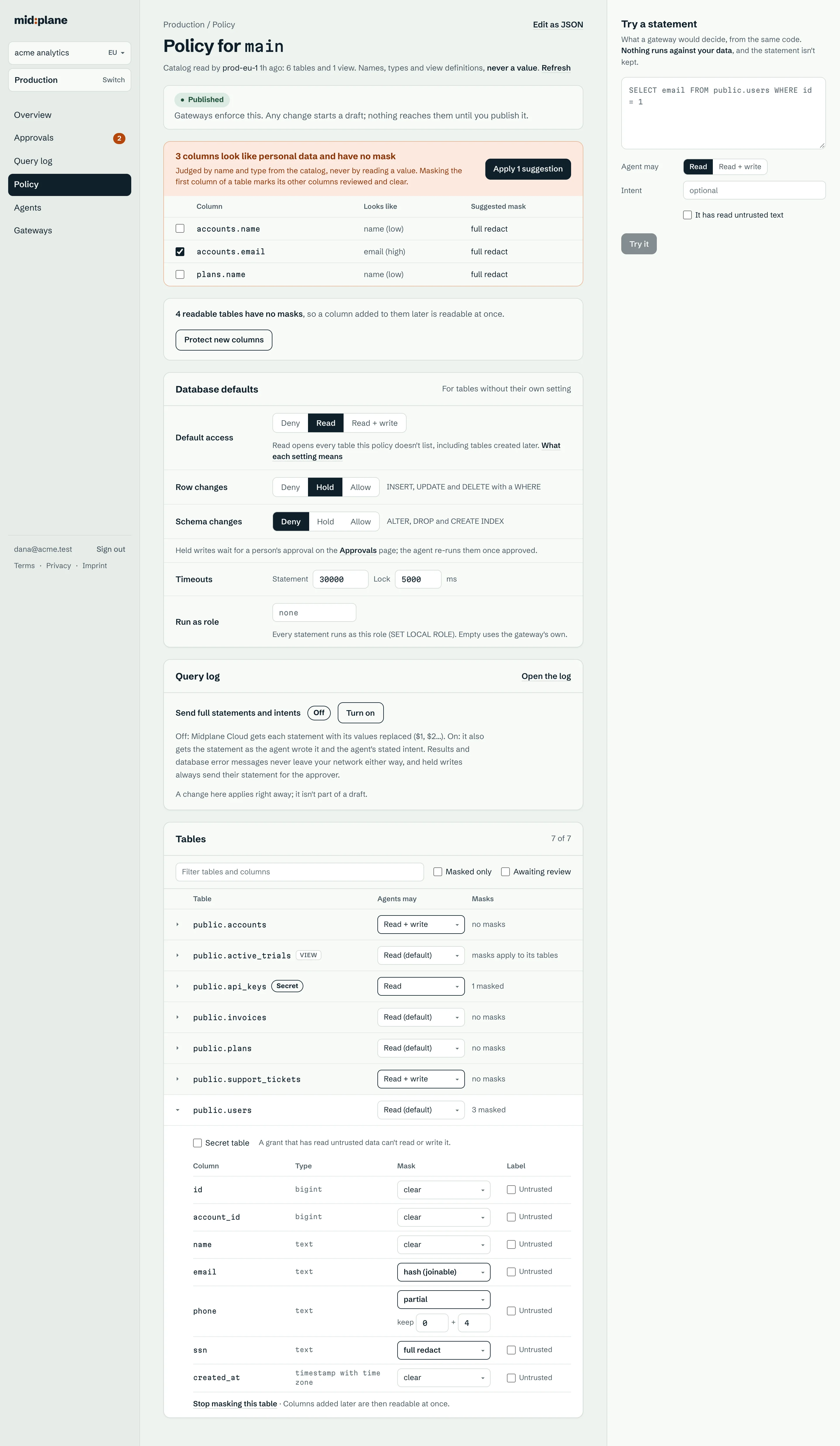 Midplane Cloud's policy page for the database main: columns that look like personal data with suggested masks, defaults with row changes on Hold and schema changes on Deny, and the users table with email hashed, phone keeping its last 4 digits and ssn fully redacted.
